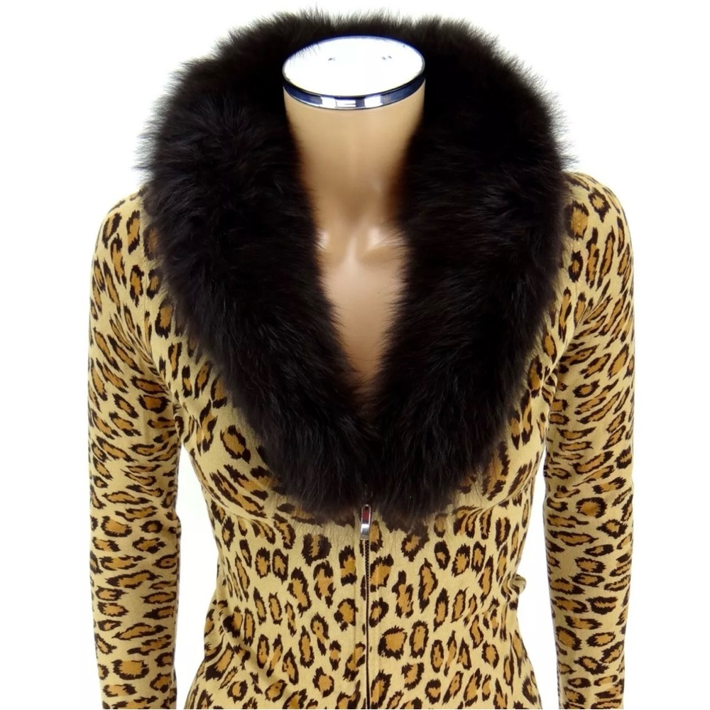 CACHE Zipper Sweater SMALL Leopard Animal Print Fox Fur Collar Knit Cardigan Top - Picture 2 of 15